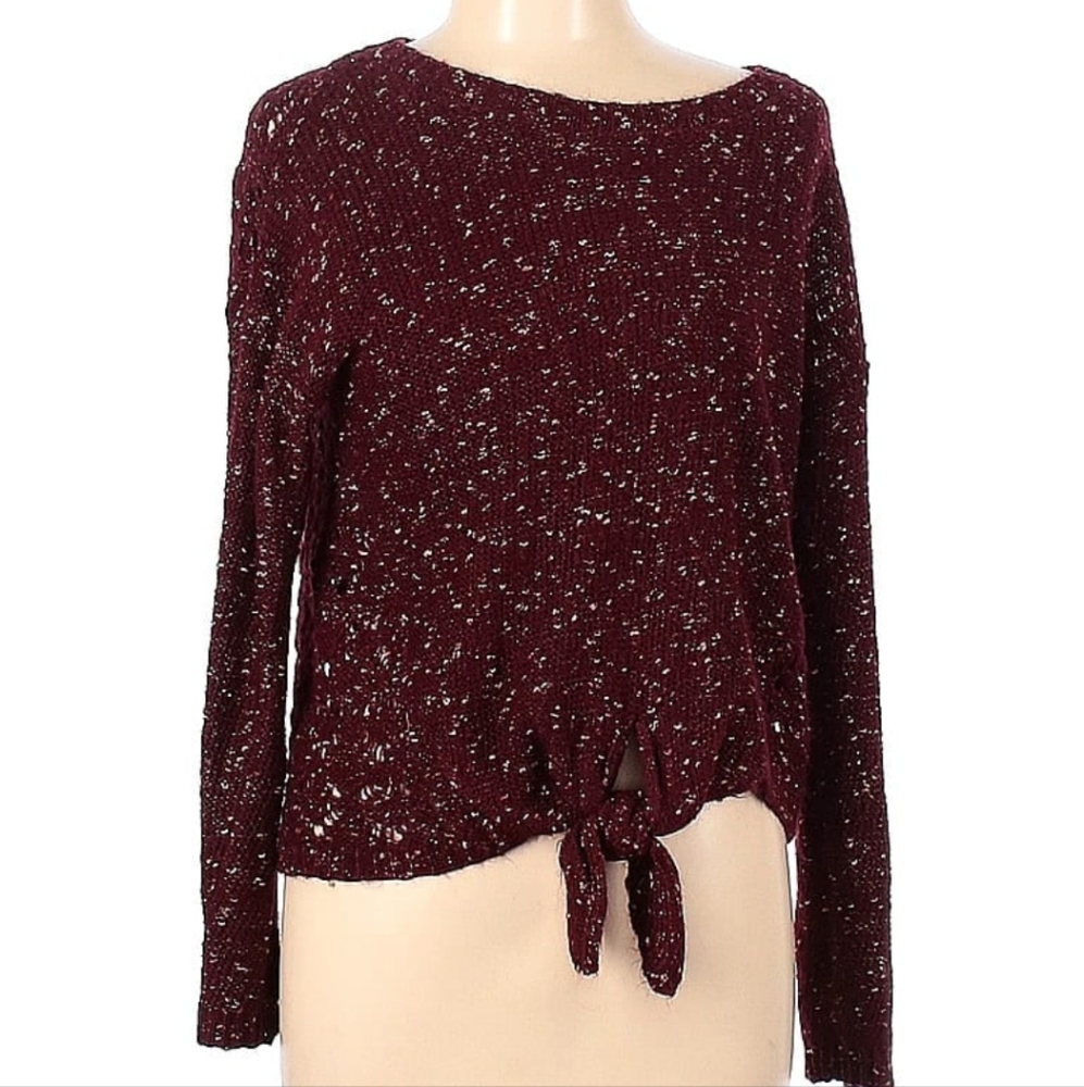 Eyeshadow Large Women's Pullover Sweater - Maroon, Tie Front, Cutout Details